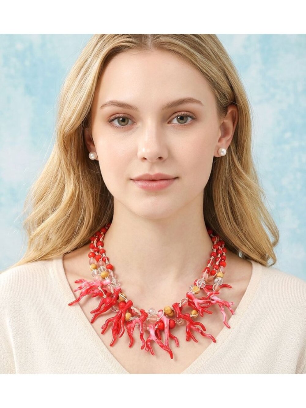 Tigerstars Coral Branch Natural Stone Faceted Beaded Cord Statement Necklace